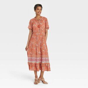 Knox Rose Dress Orange V Neck Floral Print Short Sleeve NWT